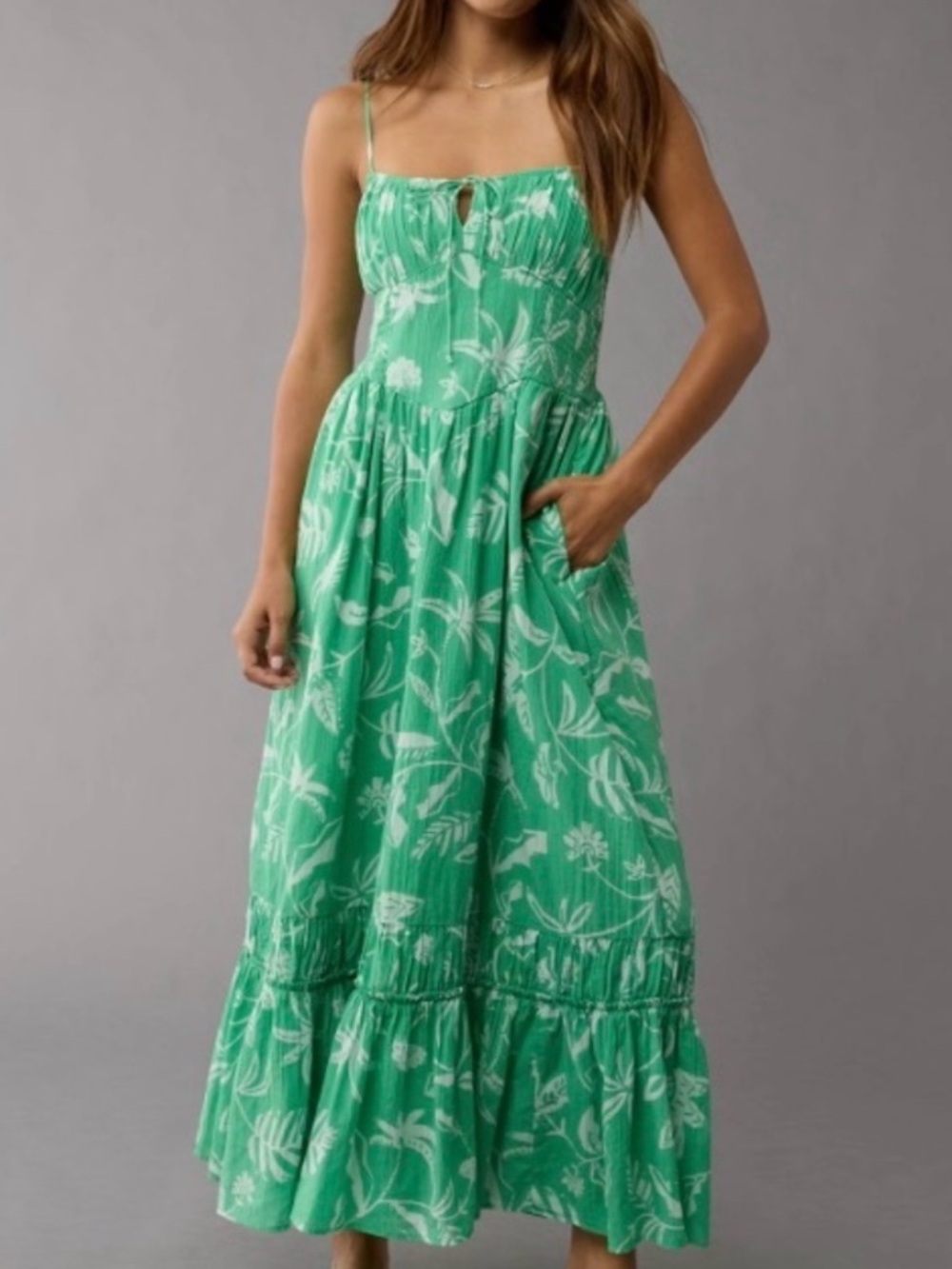 American Eagle Outfitters Green Floral Smocked Maxi Dress with Pockets